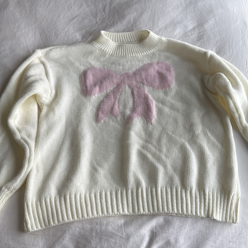 Cream Pink Bow Crew Neck Sweater